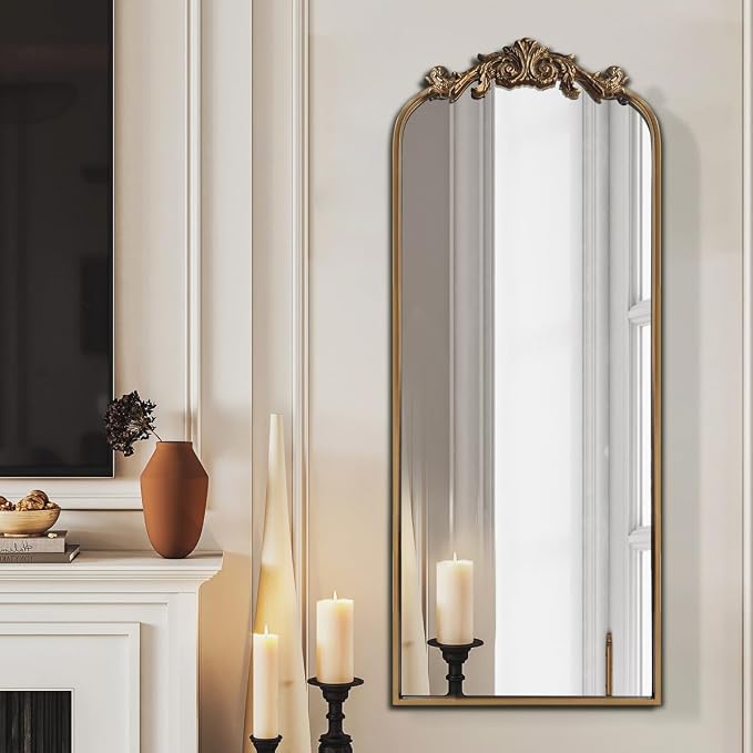 OUSHUAI Large Gold Antique Mirror, Tall Arched Floor Mirror,Ornate Design Vintage Wall Mirror Decor for Entryway,Hallway,Living Room,Fireplace 18"X53"