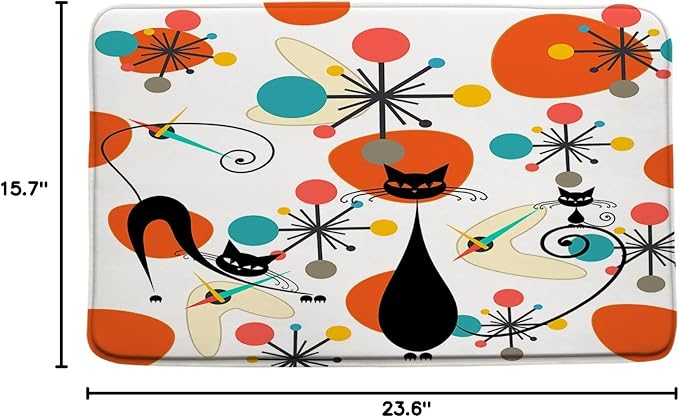 Mid Century Black Cat Bath Mat,Orange Teal Modern Atomic Geometric Bathroom Rug Shower Floor,Retro 50s 64s Vintage Bath Rug,Absorbent Doormat Bedroom Rug Kitchen Toilet