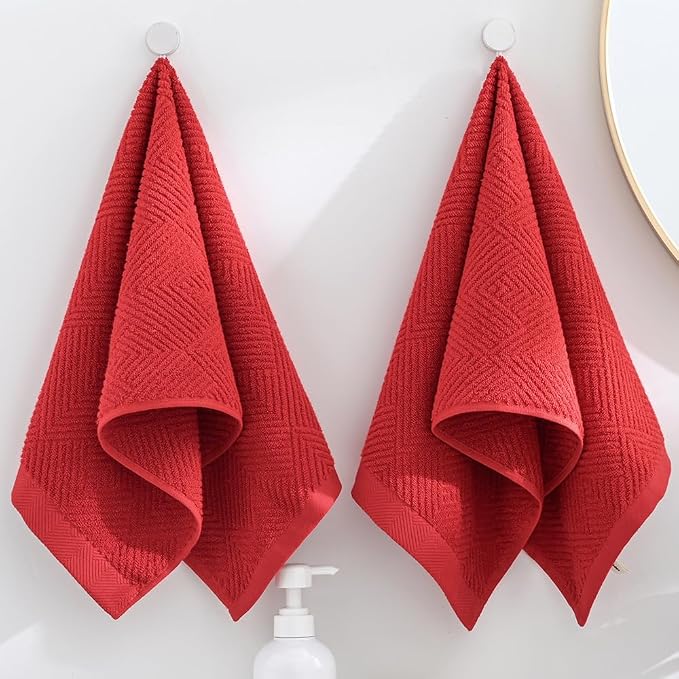 sense gnosis Red Hand Towel Set of 2 Striped Weave 13 X 29 Inch | Premium 100% Cotton Herringbone Pattern Ultra Soft Highly Absorbent Hand Towel for Bathroom
