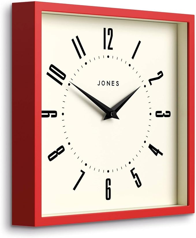 JONES CLOCKS® Box wall Clock | Retro Square | 10 inch | Red | Easy to Read Numbers | Perfect Kitchen or Office Clock