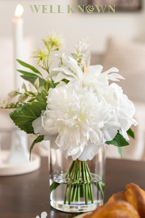 WELL KNOWN Artificial Flowers in Glass Vase with Fake Water, Silk Peony Rose Flower Bouquet for Home Dinning Tea Table, Office Desktop, Hotel, Wedding, Party, Lavatory Decor & Gift (Ivory White)
