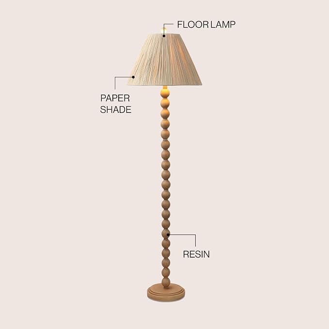 JONATHAN Y 61.5" Brown Wood Finish Bobbin LED Floor Lamp, Modern Rustic Spindle Standing Lamp with Light Brown Pleated Paper Shade, Farmhouse Decor, LED Bulb Included JYL5400A