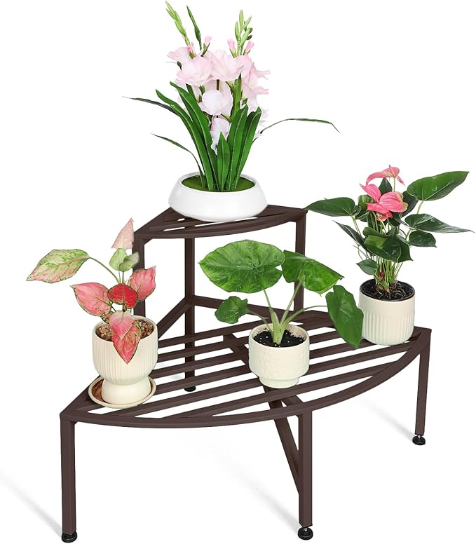 Dipion Corner Plant Stand Outdoor Metal,2 Tier Heavy Duty Ladder Plant Shelf Indoor for Multiple Plants,37.08" L x 22.83" W x 20.07" H,Coffee