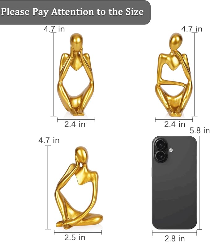 Sandstone Resin Thinker Style Abstract Sculpture Statue Collectible Figurines Home Office Bookshelf Desktop Decor (Small Gold, 3pcs)