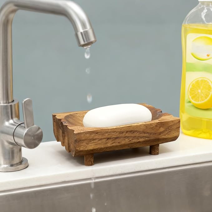 Natural Teak Wood Soap Holder, Automatic Draining Soap Tray with Drain Holes, Handmade Rustic Soap Dish & Countertop Soap Saver Stand for Bathroom and Kitchen