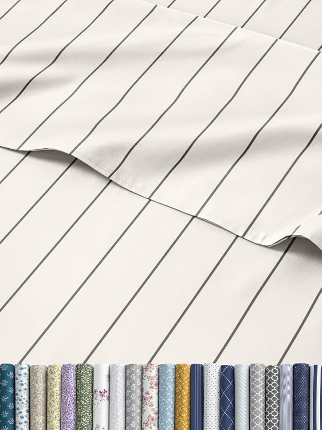 Striped Sheets - Beige & White Striped Sheets - 1 Flat & 1 Fitted & 2 Pillowcases w/ Deep Pockets – Wrinkle & Fade Free - Soft, Breathable and Cooling – Luxury Pinstripe Bedding - Queen Size Bed Set