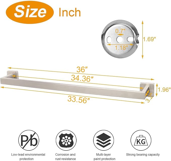 TocTen Bath Towel Rack - Square Base Thicken SUS304 Stainless Steel Towel Bar for Bathroom, Bathroom Accessories Towel Rod Heavy Duty Wall Mounted Towel Holder. (Brushed Nickel, 36)