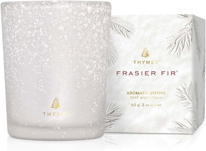 Thymes Frasier Fir Flocked Jar Candles – Holiday Scented Candles for Home with Notes of Crisp Siberian Fir, Cedarwood & Sandalwood – Luxury Home Decor Gifts for Women & Men (Votive, 2 oz)