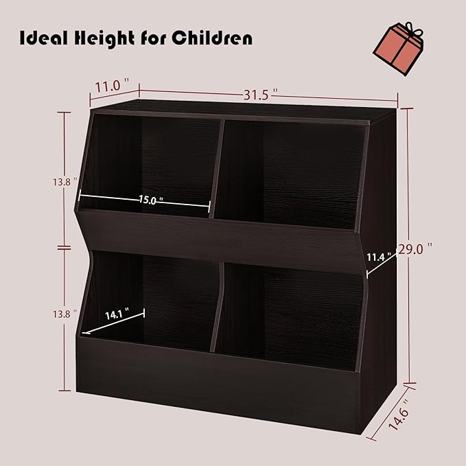 DINZI LVJ Kids Bookshelf, Toy Storage Organizer, Wooden Toy Cabinet, 4 Cubby Children Bookcase, 31.5" L Toddler Book Shelf for Bedroom, Nursery, Hallway, School, Espresso
