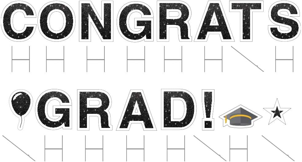Vispronet Congrats Grad Yard Sign - 18-Inch Tall Weather-Resistant Graduation Decoration | Faux Glitter Black