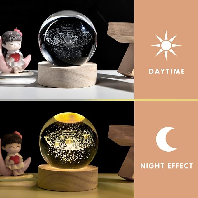Solar System 3D Crystal Ball with LED Stand, 60mm Galaxy Model Decor Glass Sphere Lamp Night Light, Space Universe Astronomy Gifts for Women Men Mom Kids