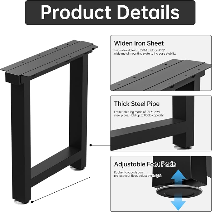 TOCRETOARE Metal Table Legs Heavy Duty, 16”H x 18”W, Metal Furniture Legs for Dining Desk Bench and Coffee Table, Industrial Black DIY Iron Bench Legs, Set of 2