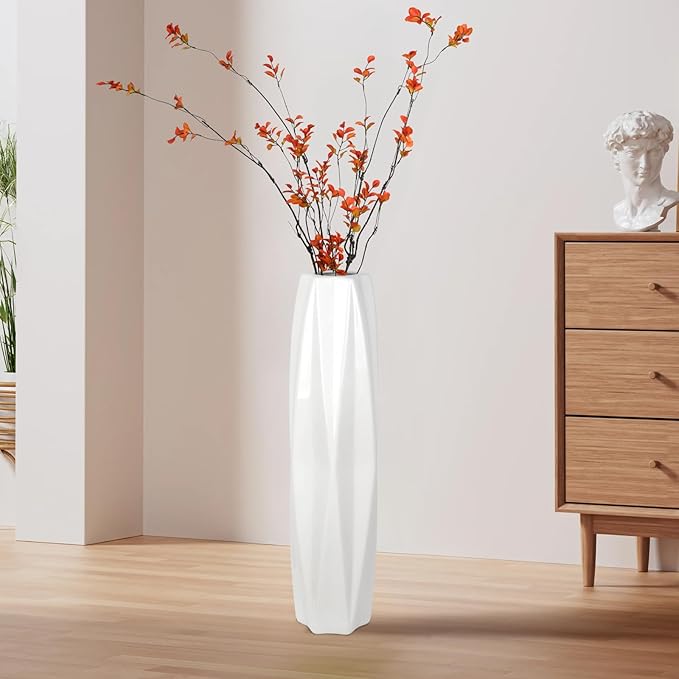 Large Ceramic Floor Vase for Flowers, 24 Inches Tall White Vases for Pampas Grass, Office, Home,Farmhouse,Living Room Décor,Simple Origami Design Decorative Porcelain Flower Vase Ideal Gift