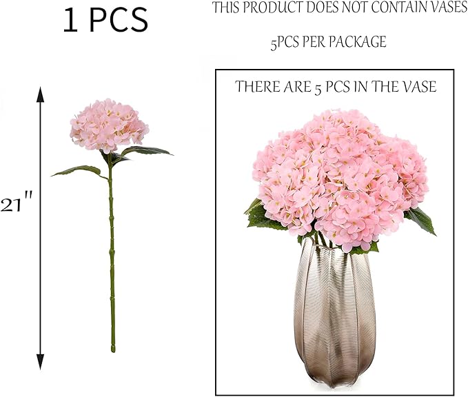 Kimura's Cabin 5Pcs 21inch Lifelike Faux Hydrangea Real Touch Latex Hydrangeas Long Stem with Leaves Artificial Hydrangea Bouquet for Home Wedding Baby Shower Birthday Party Decoration (Pink)