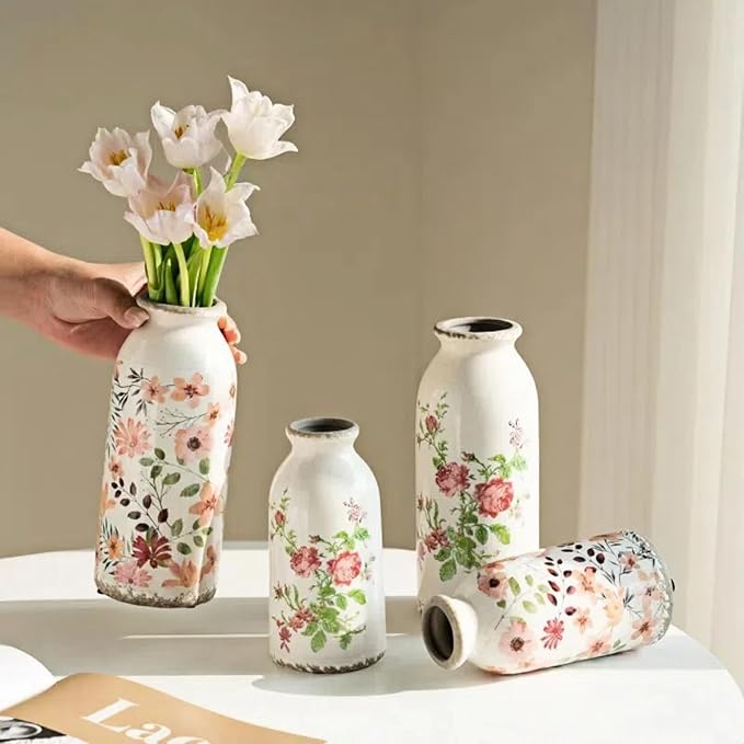 Ceramic Small Vase, Rustic Farmhouse Vintage Flower Vase for Home Decor, Floral Centerpiece for Table, Shelf, Mantle,Living Room,Kitchen, Office,Boho Chic Gift Idea for Christmas, Housewarming