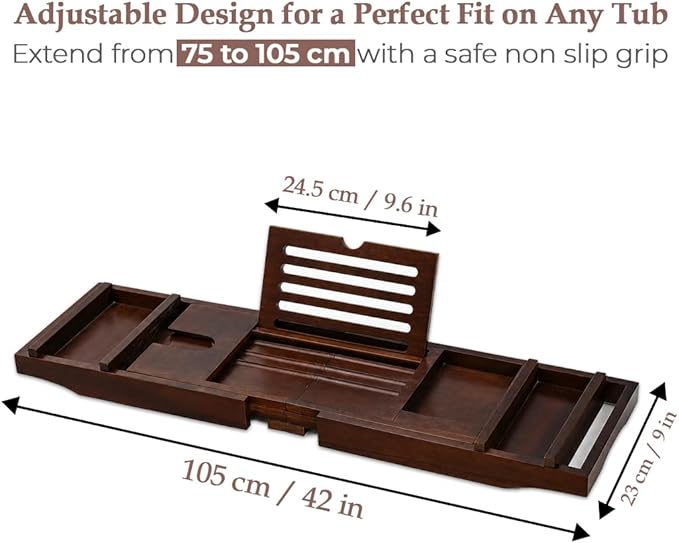 Expandable Teak Wood Bathtub Tray Caddy with Wine Glass Holder – Adjustable Luxury Wooden Bath Tub Tray Table for Spa, Book, Tablet & Bathroom Accessories