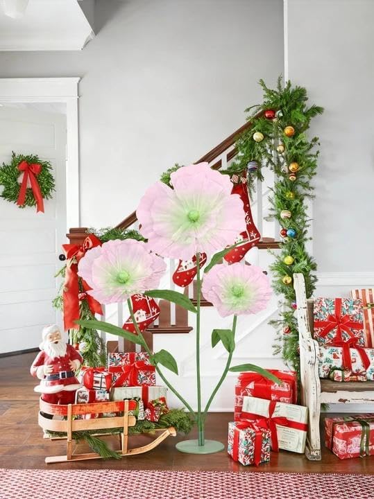 Artificial Giant Huge Flowers 5.57FT 3D Large Faux Floral Green Pink Big Flowers for Wedding Birthday Party Shop Window Display Arrangement Event Decorations