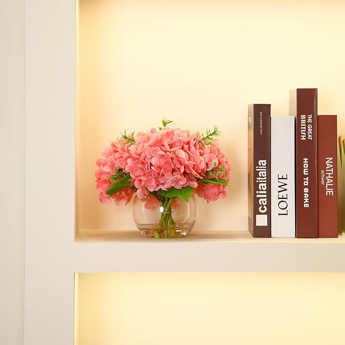 Artificial Flowers Hydrangea Artificial Flowers with Vase Silk Fake Flowers Arrangements in Vase with Faux Water for Home Bathroom Office Table Centerpiece Shelf Decorations (Pink)