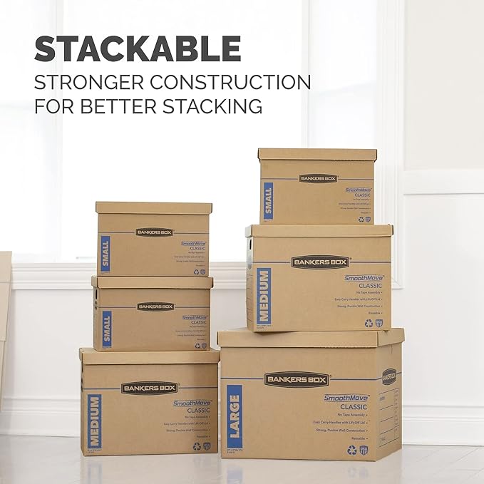 Bankers Box Small Classic Moving Box 20 Pack, Reinforced Handles, Tape-Free Assembly, Box with Lid, 15-in x 12-in x 10-in (7714210)