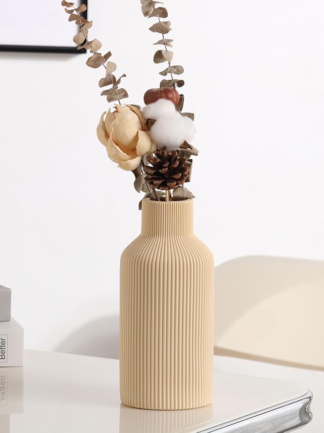 Ceramic Flower Vase,Minimalist Modern Farmhouse Decorative,Small Boho Vase for Pampas Grass,Table,Shelf Bookshelf Decor,Mantel,Entryway Decoration and Centerpieces(8 inch,Beige)