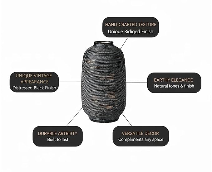 Black & Tall Ceramic Rustic Vase, 10.8 Inch Large Textured Flower Vase, Farmhouse Decorative Floral Pottery for Home Decor Table Living Room Entryway Mantel Bedroom Bathroom Kitchen (Black Bronze)