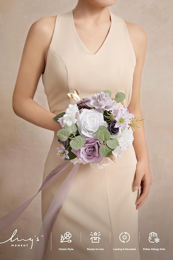 Ling's moment Lilac & Gold Bridesmaid Bouquet, Purple White Wedding Bouquets for Bridesmaids, 7 Inch Bridal Bouquets for Bridesmaids, Wedding, Ceremony, Anniversary, etc.