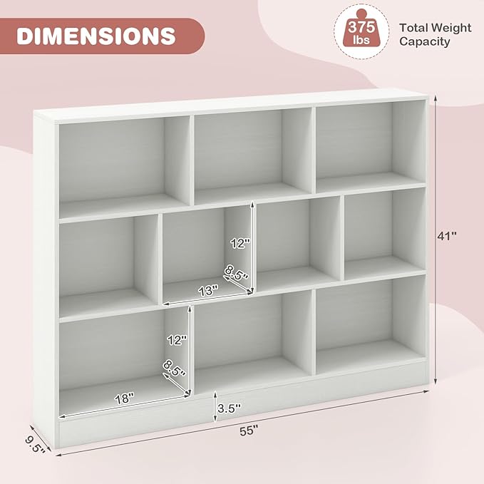 HONEY JOY Kids Toy Storage Organizer, 10-Section Wooden Floor Storage Cabinet, 41” Daycare Toy Chest, 3-Tier Kids Display Bookshelf for Classroom, Playroom & Nursery, Kindergarten (White)