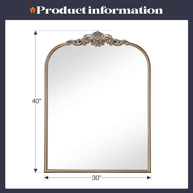 Gold Vintage Mirror, 30” x 40” Arched Antique Gold Tempered Glass Mirror for Fireplace Mantel, Baroque Brass Bathroom Mirrors for Wall with Metal Frame for Entryway, Bedroom, Living Room