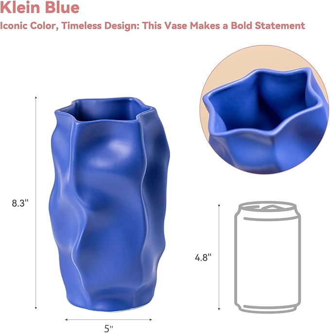 Blue Ceramic Vase for Home Décor – Modern Unique Flower Vase, Decorative Table Centerpiece – Handcrafted Ceramic Vase for Living Room, Office & Gift Ideas (ChifonCyan 8.3 inches)
