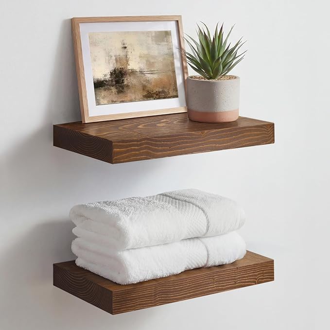 Homeforia Classic Walnut 12 inch Floating Shelf, High End Solid Real Wood Small 12inch Floating Shelves for Wall Mounted, 12in Floating Shelves, Heavy Duty Bracket, 12 X 6.5 X 1.75 inches, Set of 3