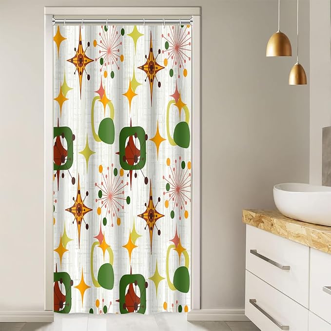 Mid Century Shower Curtain, 36x72inch, Modern Abstract Retro Green Striped Geometric Shower Curtain Sets 1950s Boho Bathroom Shower Curtain with 6 Hooks