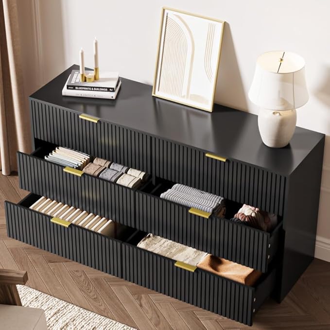 3-Piece Dresser Bedroom Set, 6 Drawer Dresser & 3 Drawer Nightstands with Gold Handles, Fluted Wood Chest of Drawers for Bedroom, Living Room, Entryway, Black