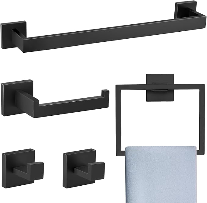 Matte Black 5 Pieces Bathroom Hardware Accessories Set Towel Bar Towel Holder Towel Racks Set for Bathroom,Stainless Steel Wall Mounted 16-Inch Towel Bar