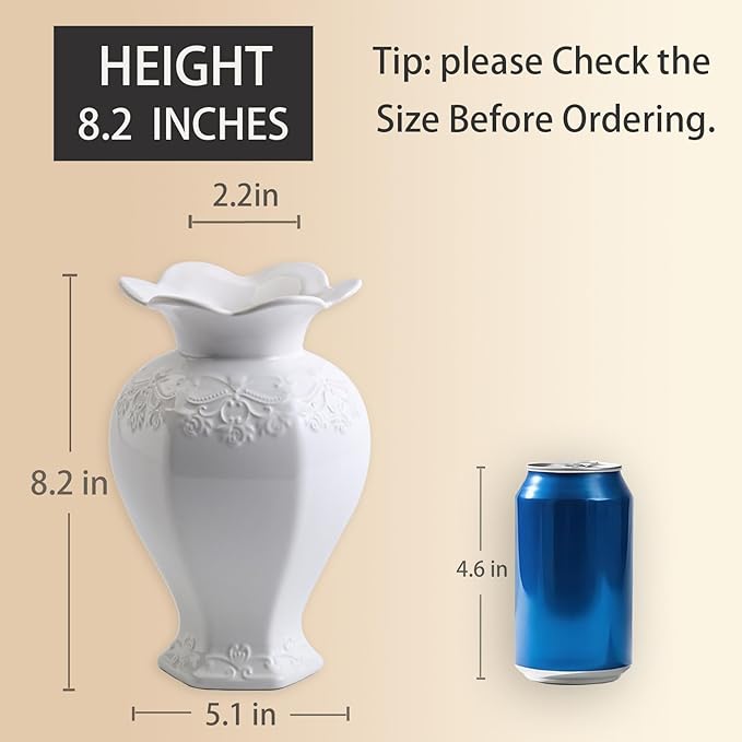Relievo Elegant White Cream 8in 11in Ceramic Flower Tall Aesthetic Beige Table Tulip Wide Mouth Rose Filler Decorative Rustic Vase Decor for Home (White Vase, M)