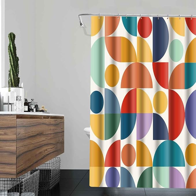 Vintage Colorful Rainbow Mid Century Shower Curtain Modern Abstract Geometric Art Bathroom Curtain Decor 48x72 Inch Washable Fabric Bright Retro Boho Circle Patterned Bath Curtain with 8 Hooks