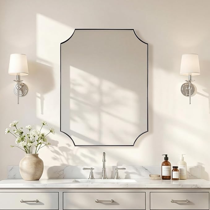 ANDY STAR Chrome Mirror for Bathroom, 24"x32" Polished Chrome Rectangle Mirror, Scalloped Bathroom Mirror in Rust-Proof Stainless Steel Thin Frame Deep 1", Wall Mount Vertical or Horizontal