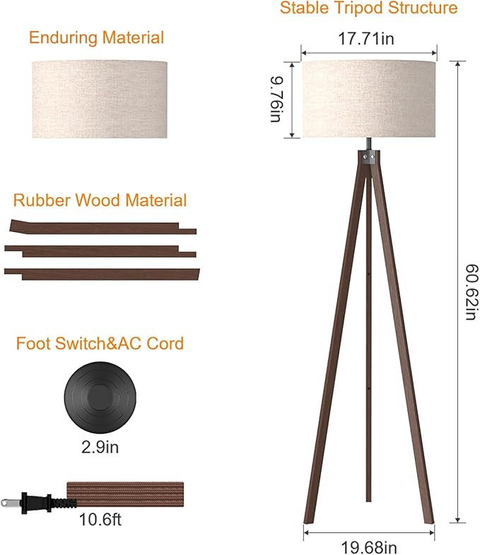 LEPOWER Wood Tripod Floor Lamp, Mid Century Standing Lamp, Modern Design Studying Light for Living Room, Bedroom, Study and Office, Flaxen Lamp Shade with E26 Base Dark Brown
