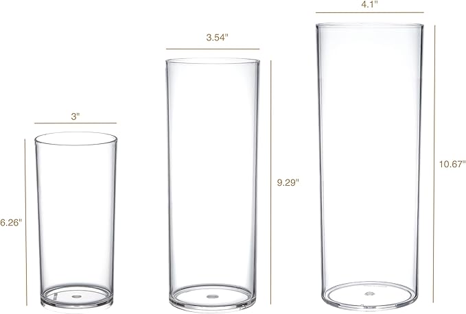 KLIFA- Carlsbad- Set of 3 pcs, 6, 9 & 11 Inch Tall, Plastic Cylinder Vases for Centerpieces, Acrylic Flower Vase for Wedding Centerpieces, Home Decorations, Clear