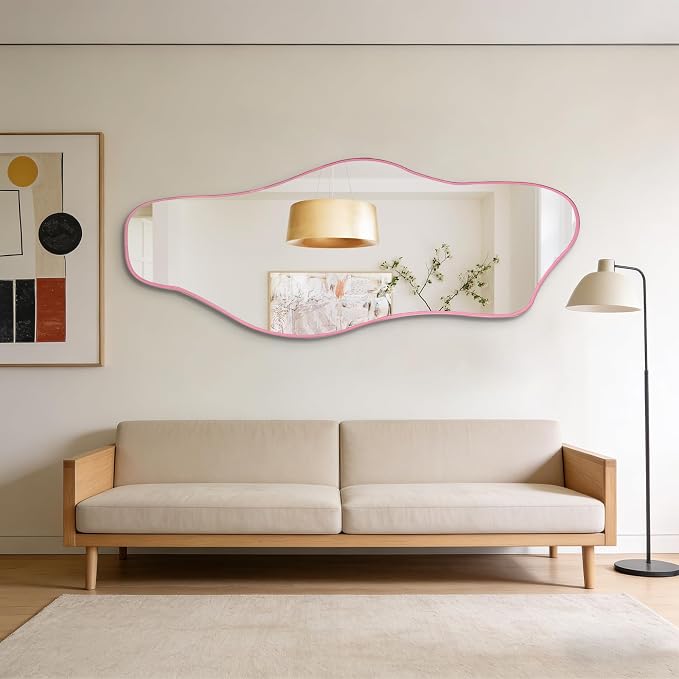Large Irregular Mirror, 60"x24" Pink Asymmetrical Tempered Glass Mirror, Modern Organic Shape Frameless Mirrors for Entryway Hallway Bedroom Living Room, Horizontal or Vertical Hanging