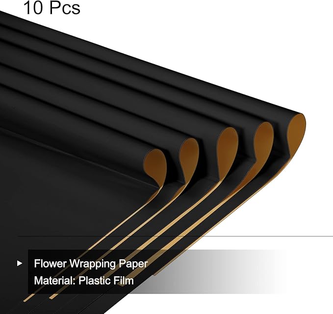 MECCANIXITY 10 Pcs Double Sided Color Flower Wrapping Paper Black+Gold 22.8"x22.8" Waterproof for Florist Bouquet Supplies, DIY Crafts, Gift Box Packaging