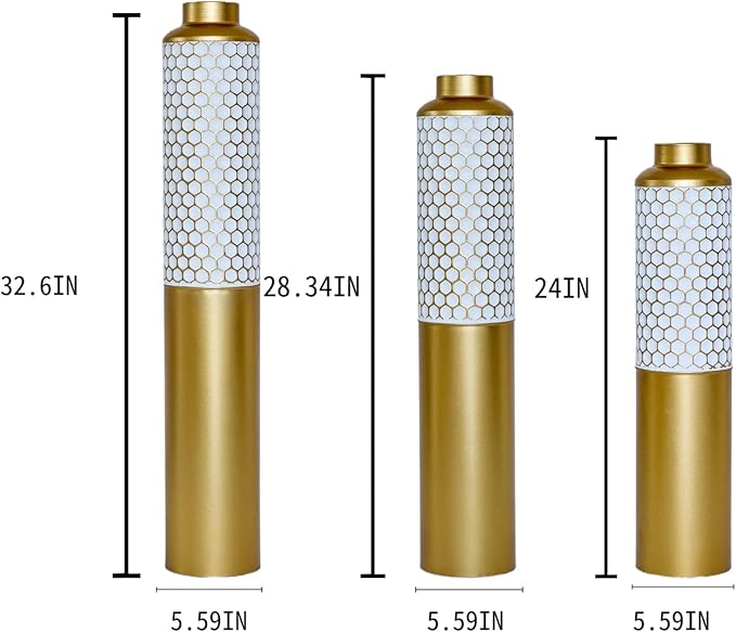 Metal Floor Vases Decorative, Set of 3 Flower Arrangement Stand, Gold＆White Hexagon Metal Floor Vases for Living Room, Bedroom & Entryway, 32.6", 28.34", 24" H (Gold＆White Hexagon)