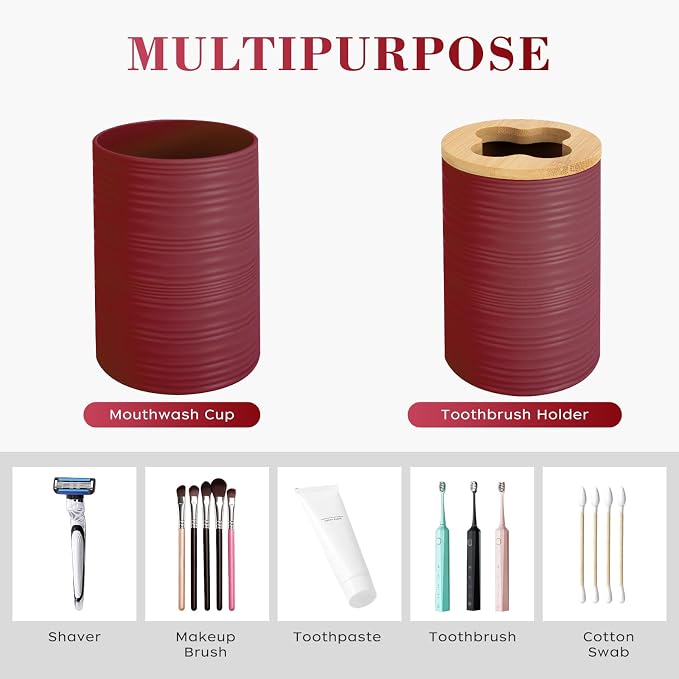 4 PCS Burgundy Bathroom Accessories Set, Includes a Soap Dispenser, Toothbrush Holder, Soap Dish and Mouthwash Cup, Plastics & Bamboo Bathroom Set, Bohemian Style Bathroom Sink Set