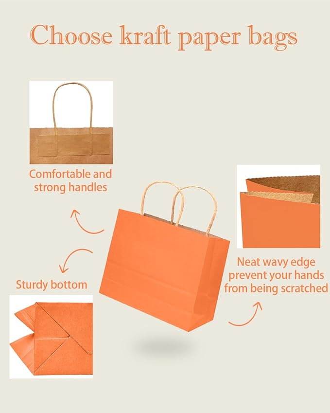 qiqee 13"x4.5"x10" Large Gift Bag with Handles Bulk 32PCS Gift Paper Bags Orange Bags Multiple Uses (Wide Large)