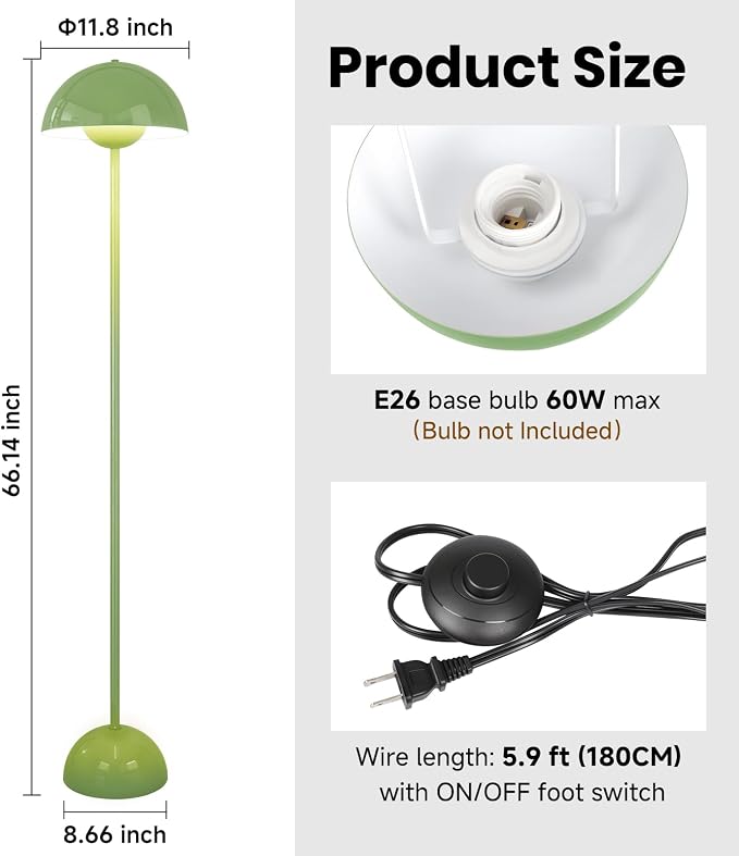 Coucrek Floor Lamp for Living Room, 66'' Tall Industrial Standing Lamp with Unique Reflecting Shade, Mid Century Modern Ambient Light for Bedroom Office Corner, Pastel Green
