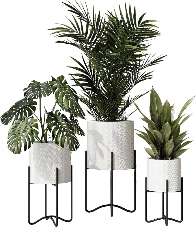 EverNest Claire Mid-Century Modern White Plant Pot with Ambrose Stand, SelectBase, Indoor Plant Pot, Bohemian Style, Minimalist Plant Home Décor (Set of 3, Black)