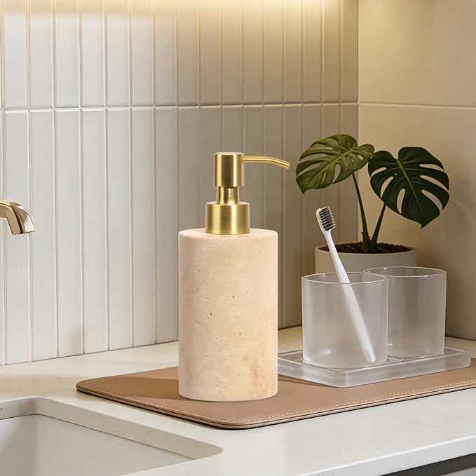 Natural Marble Soap Dispenser for Bathroom and Kitchen Countertop - 5.41 Ounces Hand Lotion and Liquid Stone Shampoo Laundry Bottle with Pump (1, Travertine, Cylindrical Bottle)