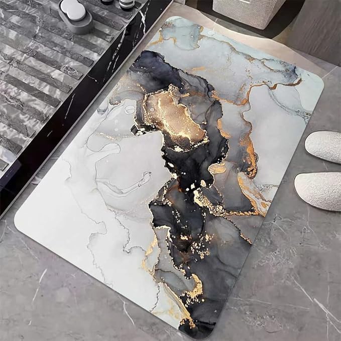 Diatomaceous Earth Bath Mat,Grey Gold Marble Non-Slip Volume Super Absorbent Fast Drying for Bathroom Kitchen Door mat,Eco-Friendly Easy to Clean 17×27.5Inch (43 * 70cm)