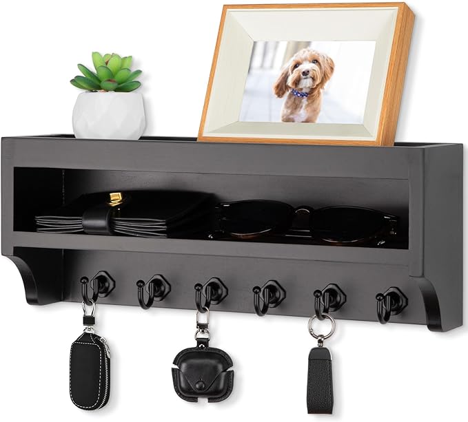 Nekon Key Holder Wall Mount, 12.8" W x 5.6" H x 3.7" D Wall Mounted Key and Mail Organizer with 6 Key Hooks, Key Racks for Home Entryway Decor (Black)