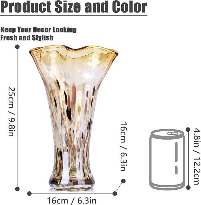 9.8" Tall Amber Hand Blown Glass Vases for Home Decor,Modern Wide Mouth Ruffle Flower Vase Table Centerpieces,Colored Coastal Sea Glass Art for Bookshelf,Bathroom,Counterto,Wedding