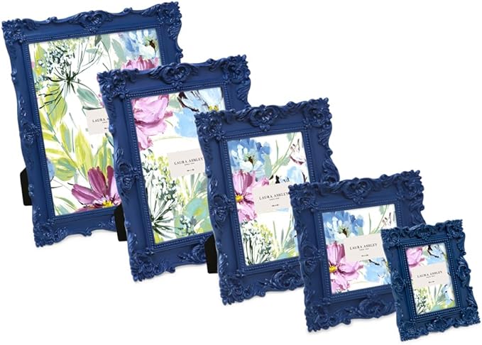 Laura Ashley 5x7 Navy Ornate Textured Hand-Crafted Resin Picture Frame with Easel & Hook for Tabletop & Wall Display, Decorative Floral Design Home Décor, Photo Gallery, Art, More (5x7, Navy)
